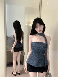 GUZILIAN | Sweet Spicy Girl Ribbon Tie Dye Washed Rhinestone Denim Tube Top Womens Slim Fit Shoulder