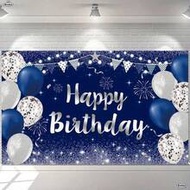 1 2d Glittering Happy Birthday Banner - 70.9 Inches X 43.3 Inches, Silver And Navy Blue Party Backdr