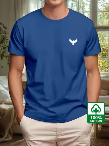 Men's Summer 100% Cotton Fashion Sports and Leisure Loose Dove and Peace Pattern Printed Round Neck 