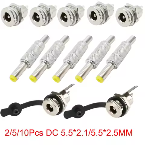 2/5/10Pcs Silver Metal 5.5x2.1mm/5.5mm x 2.5mm DC Power Male Plug Jack Connector with Spring Yellow 