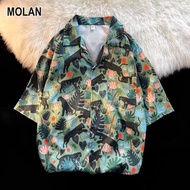 MOLAN เสื้อสงกรานต์2567 เสื้อสงกรานต์ เสื้อเชิ้ตผู้ชายใหม่-ศิลปะเยาวชนเรียบง่ายแขนสั้น Baju Kerah Persegi หลวมญี่ปุ่น
