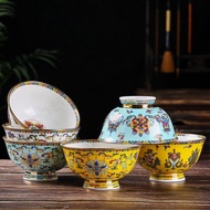 ชามเซรามิคเคลือบสีทองคลาสสิกวินเทจจีนสูงกระเบื้องจีนสูงสีชามราเมนดอกไม้พันกันบนโต๊ะอาหาร Jishen