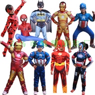 Kids Superhero Muscle Chest Captain America Hulk Iron Man Spider Jumpsuit Cosplay Costume Attached Mask Bodysuit Mask Props