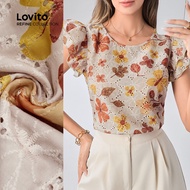 (Lovito Refine) Elegant Blouse Summer/Spring Ruffle Colorblock Eyelet Embroidery Good Texture Blouse