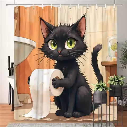 1pc Black Cat Toilet Paper Shower Curtain - Green Eyes, Slightly Annoyed, Earthy Tones, Polyester, 7
