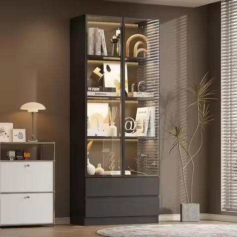 WOODTIME 78.7 H Display Storage Cabinet with Tempered Glass Doors & 3-Color Light, Wooden Curio Cabi