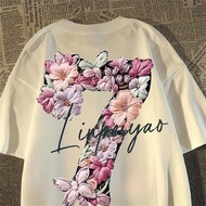 New Street Style T-Shirt Featuring Floral Design and Number 7