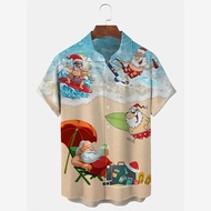 Baju Cetak Tema Krismas Melayari Pantai Hawaii untuk Lelaki Lapel Butang Santa Claus Baju Hawaii Baj