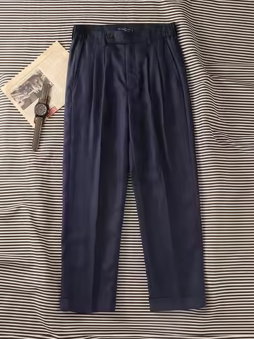 2026 Italian Old Money Navy Herringbone Casual Trousers | Men's Napoli 9/10 Pants with Half-Elastic