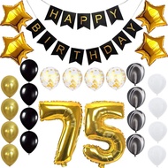 Happy 75th Birthday Banner Balloons Set for 75 Years Old Birthday Party Decoration Supplies Gold Bla