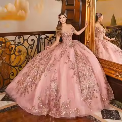 Customized Shiny Luxury Pink Ball Gown Quinceanera Dresses With Bow Rose Gold Lace Appliqued Birthda