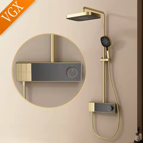 VGX Luxury Gold Bathroom Shower System Set Brass Shower Faucet Set Rainfall Shower Head Set White Sh