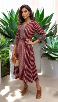 MAROON COTTON AJRAKH VEG DYED HANDBLOCK PRINT A-LINE DRESS