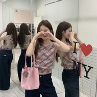 Contrast Color Plaid Short Style Hooded Shirt Halter Top P3CS