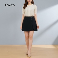 Lovito Seluar Pendek Hitam Musim Bunga/Musim Panas dengan Butang Asimetris untuk Wanita LK2ED603
