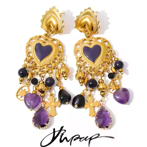 Yhpup Vintage Stainless Steel Heart Cross Key Charm Pendant Drop Earrings Golden Plated Crystal Resi