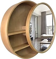 qiuqiu Solid Wood Bathroom Mirror Cabinet, Round Wall Mirror-Vanity Mirror with Storage Function, Sliding Bathroom Mirror,round Bathroom Mirror Wall,wood Color 60Cm