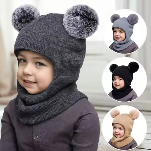 3-12Y autumn and winter double-ball pullover cap, children's double-ball ear-protecting one-piece ca