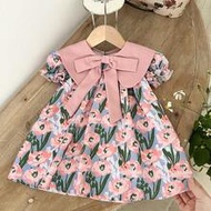Young Girl Woven Peter Pan Collar 3D Bow Puff Sleeve Casual Dress,Kids