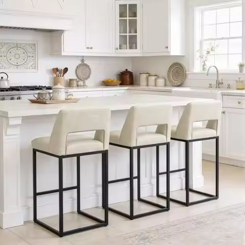 Set of 3 Kitchen Counter Stools with Upholstered Leather Seats and Metal Backs, Beige, 26 Inch