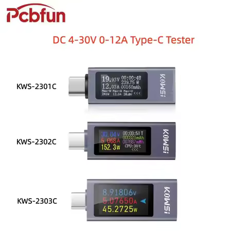 DC 4-30V 0-12A Digital Voltmeter, Ammeter and Power Meter Type-C Mobile Phone Charging Tester KWS-23