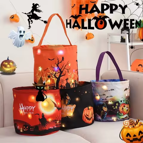 Halloween Pumpkin Baskets Glowing Candy Buckets with Handle Portable Carton Ghost Trick or Treat Bag