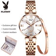 [100% ] PLAYBOY SET นาฬิกาสำหรับผู้หญิงสายแสตนเลส กันน้ำ ปฏิทิน +กำไลข้อมือ Playboy สีโรสโกลด์ + จี้สร้อยคอ