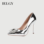 IELGY women's high heels rhinestone square buckle silver high heels