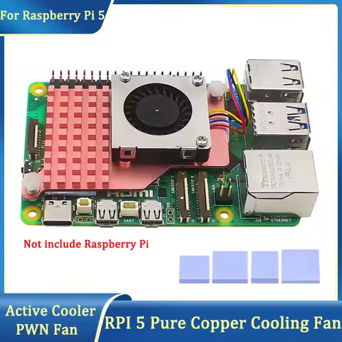 Raspberry Pi 5 Pure Copper Cooling Fan with Heat Sink Cooling Fin Adjustable PWN Fan for Raspberry P