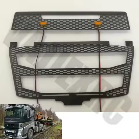 Black Sliver Stainless Steel Front Grille W/Light for 1/14 Scale Tamiya Remote Control Volvo FH16 Gl