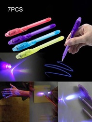 7入組發光筆套裝，彩色筆身單色字體，創意UV光照墨水筆，LED電子紫光貨幣檢測筆，使用3顆LR41電池供電（已包含）