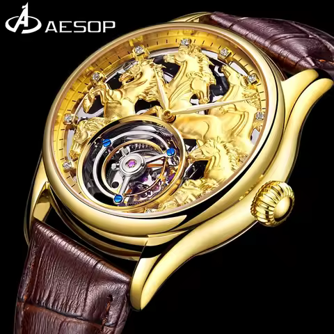 AESOP Limited Edition Men's Mechanical Watch Real Tourbillon Skeleton Wristwatch Sapphire Crystal Wa