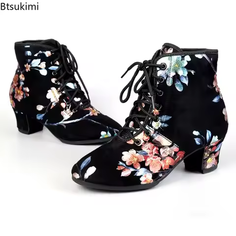 Women Dance Boots Middle Heels Female Chelsea Boots Prom Dancing Shoes Latin Dance Heels Boots Suede