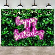 Green Leaves Happy Birthday Banner Party Backdrop for Women Shiny Pink Neon Sign Party Backdrop Bann