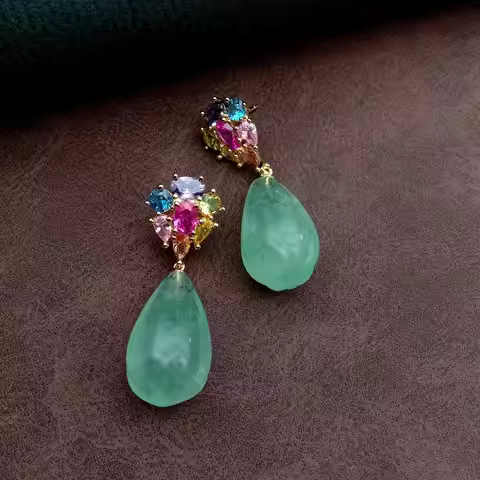 YYGEM 14x23mm Natural Green Fluorite Teardrop Cz Pave Stud Dangle Earrings