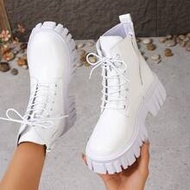 Punk Style Lace-Up White Boots, Round Toe Thick Sole Ankle Boots, British Fashion Versatile Boots Fo