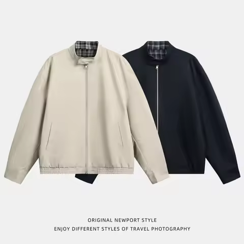 Retro Plaid Reversible Harrington Jacket Men Autumn High Street American Loose Workwear Casual Coat 