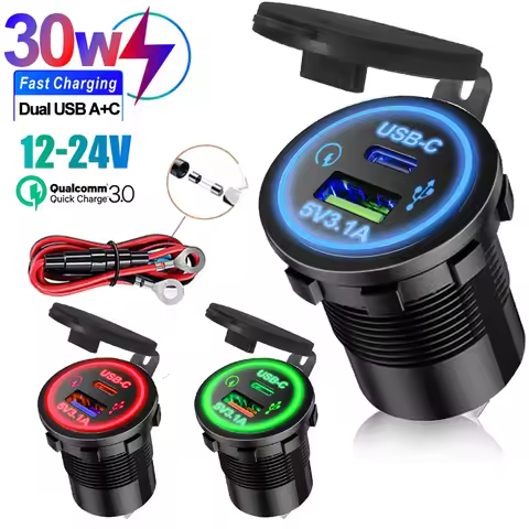 USB-C Dual USB Fast Charging Type-c Socket 12V to 5V 12-24V Charger Motorcycle Dual Connector Charge
