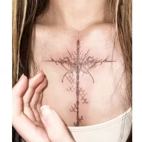 Herbal Thorns Cross Temporary Tattoos for Women Chest Punk Art Tattoo Sticker Semi Permanent Waterpr
