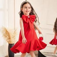 Young Girl's Elegant Pearl Beaded Strap, Oversized Bow Decor, Pleated Double Layer Flared Dress, Whi