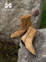 รองเท้าบู๊ตส้นกลางผู้หญิง Shoemaker Queen ทรงหัวเหลี่ยม ด้านข้างเปิด หนังวัวชั้นบน รองเท้าบู๊ตฤดูหนา