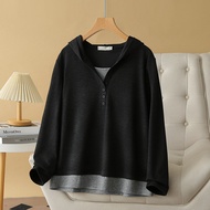 Plus Size Women's False Two Pieces Autumn New Hoodies Fashion A-line Female Pullovers XL-4XL Black G