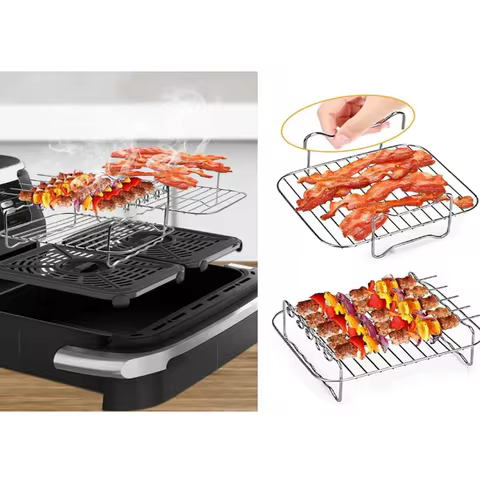 Rectangle Dual Basket Air Fryer Accessories Double Layer Grill Skewer Rack For Ninja DZ201 DZ401 DZ5