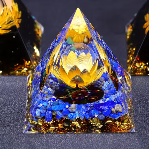 1pc Lapis Lazuli Lotus Symbole Orgone Pyramide, Crystal Organite Pyramid, Pyramid Ornament Lapis Laz