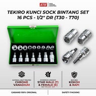 MATA Socket Wrench Tekiro 16 Pcs 1/2" DR (T30 - T70 / E10 - E24) Iron Box - Star Bit Socket Metal Bo