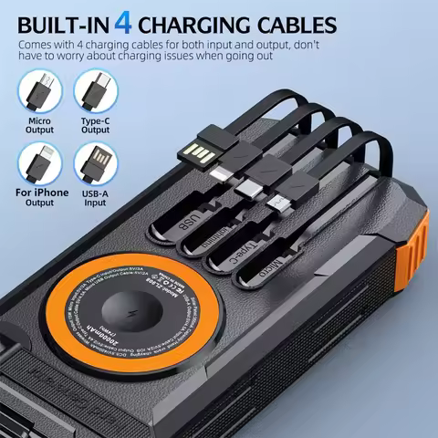 30000mAh Hand Crank Solar Power Bank Magnetic Wireless 22.5W Fast Charging for IPhone Airpods IWatch