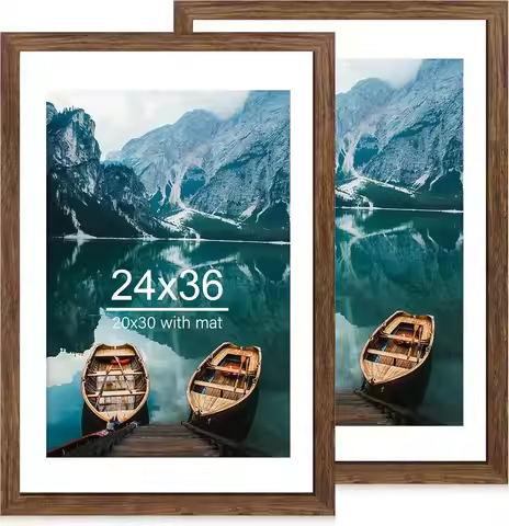 24x36 Poster Frame Set of 2, Rustic Brown Wood Style - Display 20x30 Picture with Mat or 24 x 36 Pos