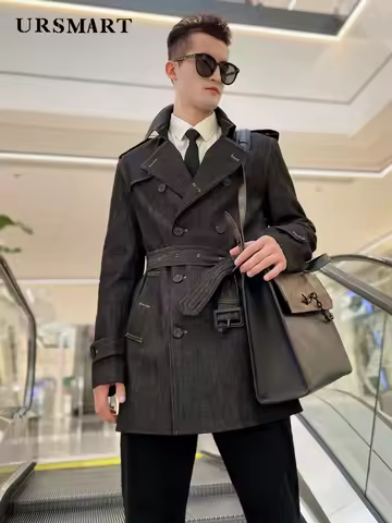 Denim short trench coat for men with double breasted classic indigo blue fastness thickened windbrea