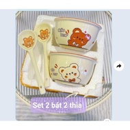 Set 2 bát kèm 2 thìa chất liệu gốm sứ nhiều họa tiết đáng yêu xinh xỉu