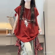 💛Limited Time Discount Sale💛Hong Kong Style High Street Red Front Shoulder Short Sleeve T-shirt Wome